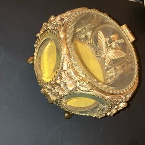 Vintage Gold Glass Jewelry Box with Butterfly Design